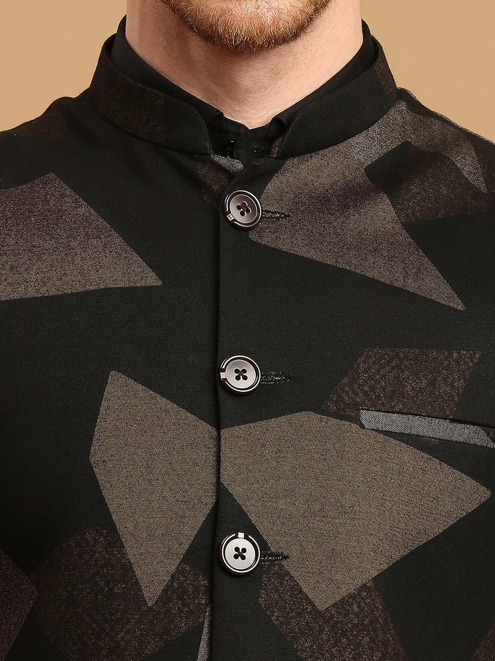 Knitted Nehru Jacket with Brown Geometric Print