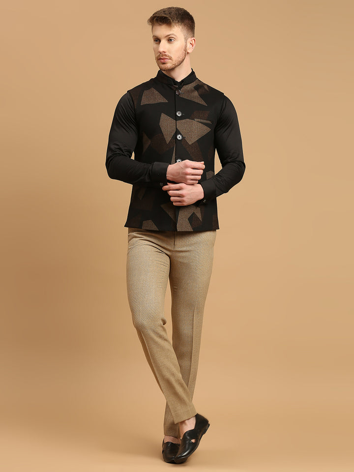 Knitted Nehru Jacket with Brown Geometric Print