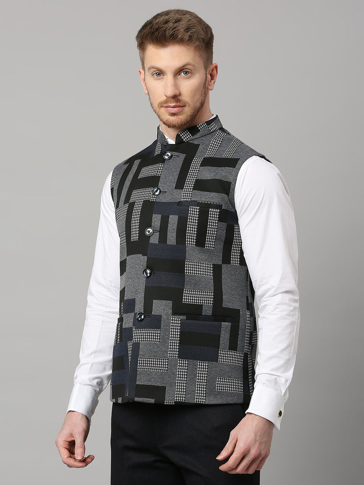 Knitted Geometric Jacquard Nehru Jacket