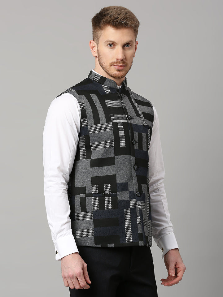 Knitted Geometric Jacquard Nehru Jacket