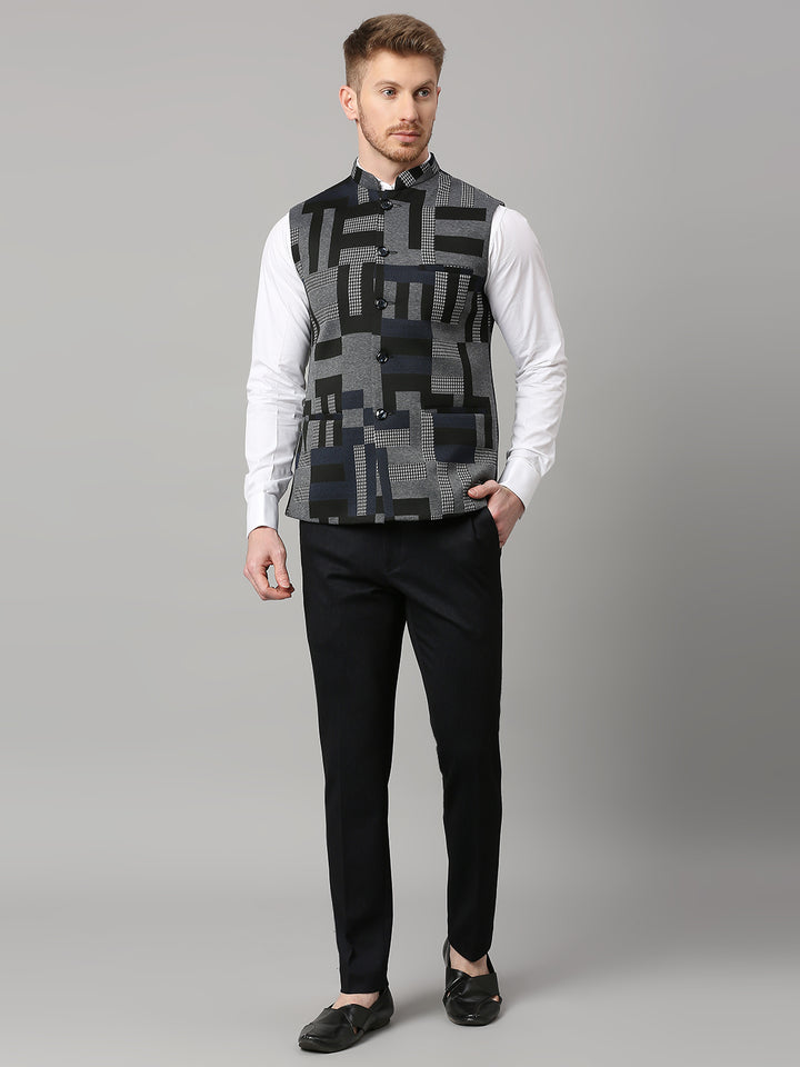 Knitted Geometric Jacquard Nehru Jacket