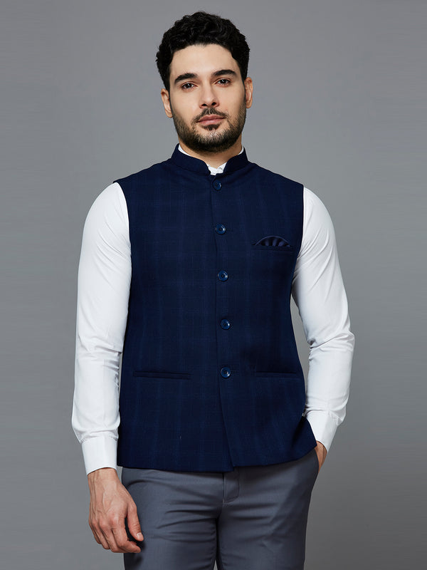 Men Blue Chex Nehru Jacket