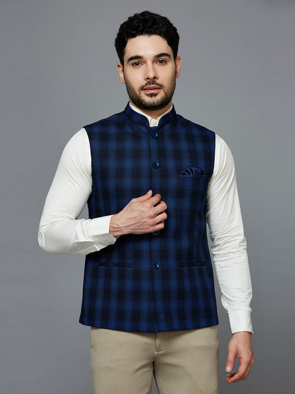 Men Deep-Blue Nehru Jacket With Royal Blue Multi-Lines Chex