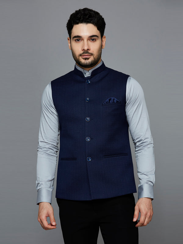 Men Purplish Blue Nehru Jacket With Self Design
