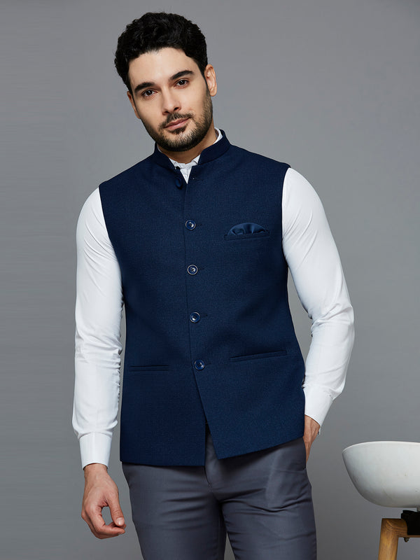 Men Blue Nehru Jacket With Self Shine