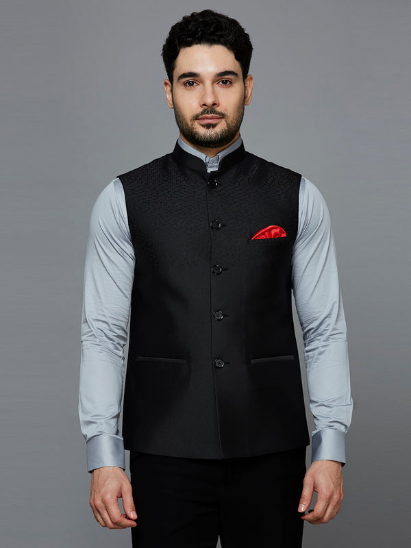 Men Black Dual Panel Jacquard Nehru Jacket