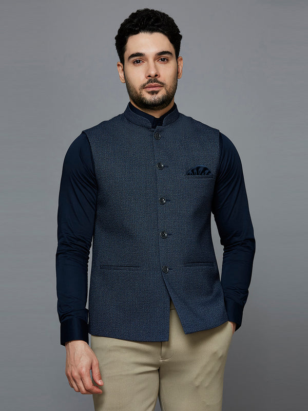 Men Bluish Grey Nehru Jacket With Self Design