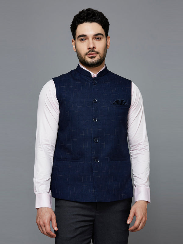 Men Navy Blue Nehru Jacket With Multi-Tone Self Design