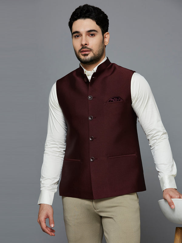 Men Maroon Solid Nehru Jacket With Self Shine
