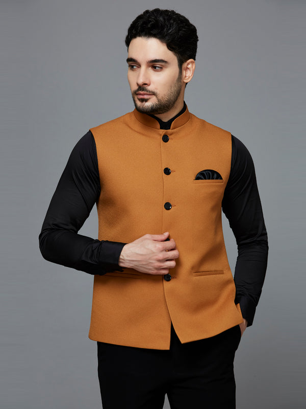 Men Tan Solid Nehru Jacket