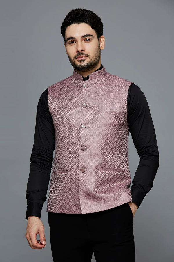 Men Pink Ethnic Motif Jacquard Nehru Jacket