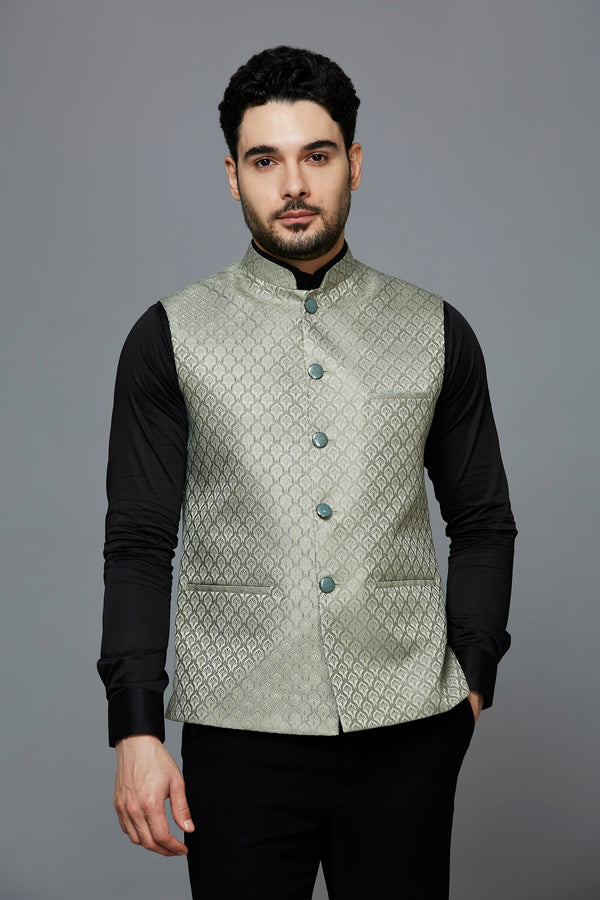 Men Pista Green Ethnic Motif Jacquard Nehru Jacket