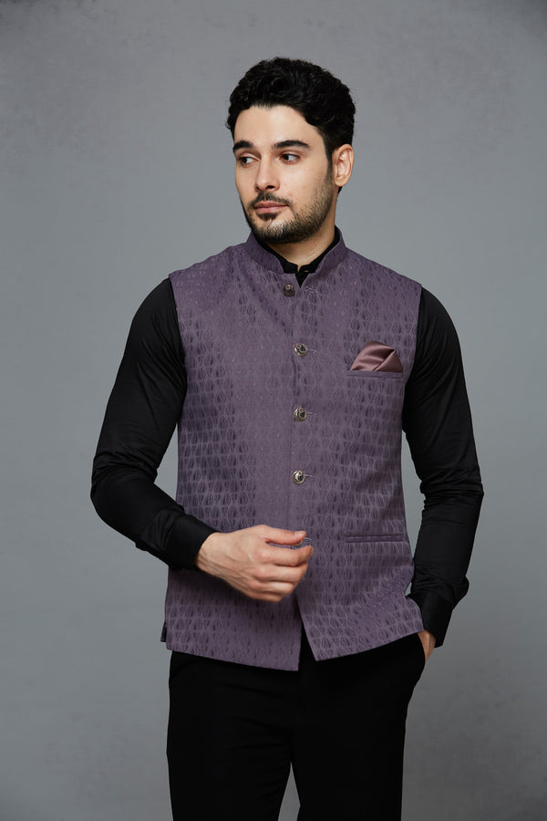 Men Lavender Ethnic Motif Jacquard Nehru Jacket