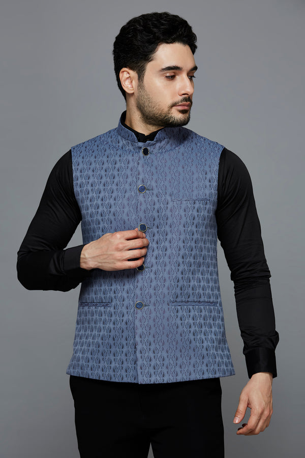Men Greyish Blue Ethnic Motif Jacquard Nehru Jacket