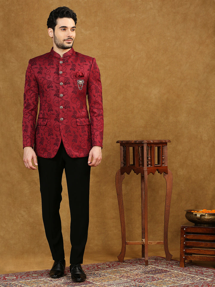 Jacquard Jodhpuri Suit with Floral Dori Work