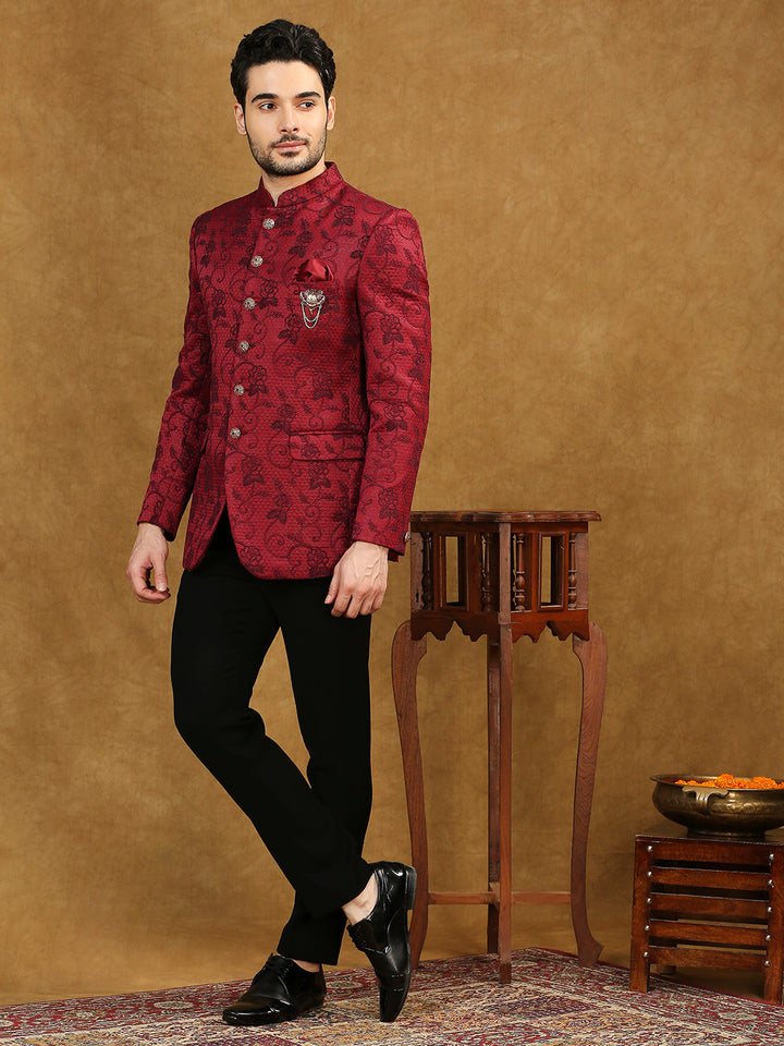 Jacquard Jodhpuri Suit with Floral Dori Work