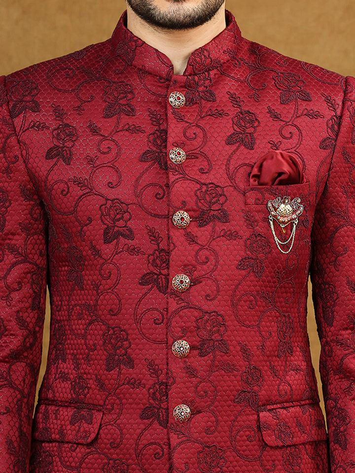 Jacquard Jodhpuri Suit with Floral Dori Work