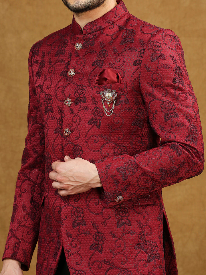 Jacquard Jodhpuri Suit with Floral Dori Work