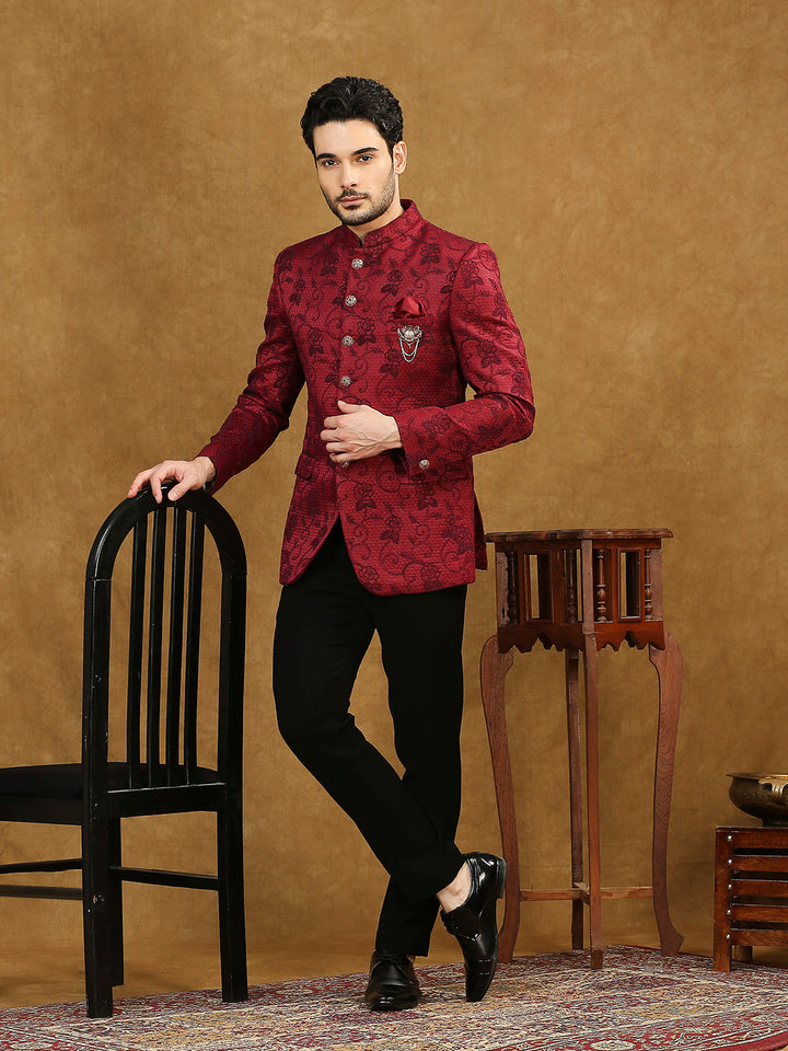 Jacquard Jodhpuri Suit with Floral Dori Work