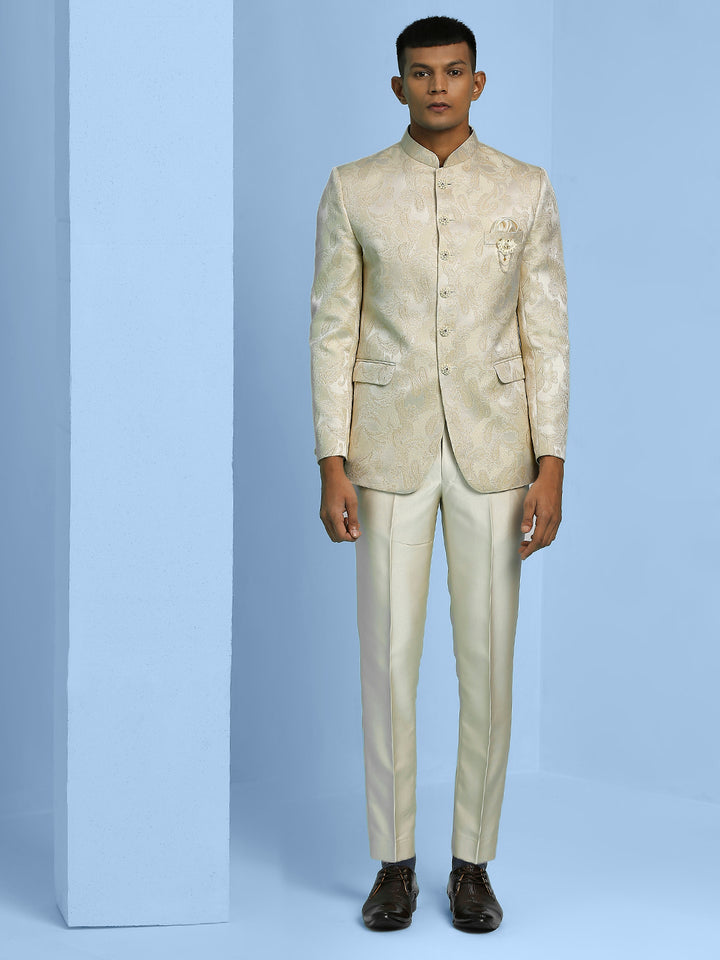 Cream Jodhpuri Suit with Pattern Jacquard