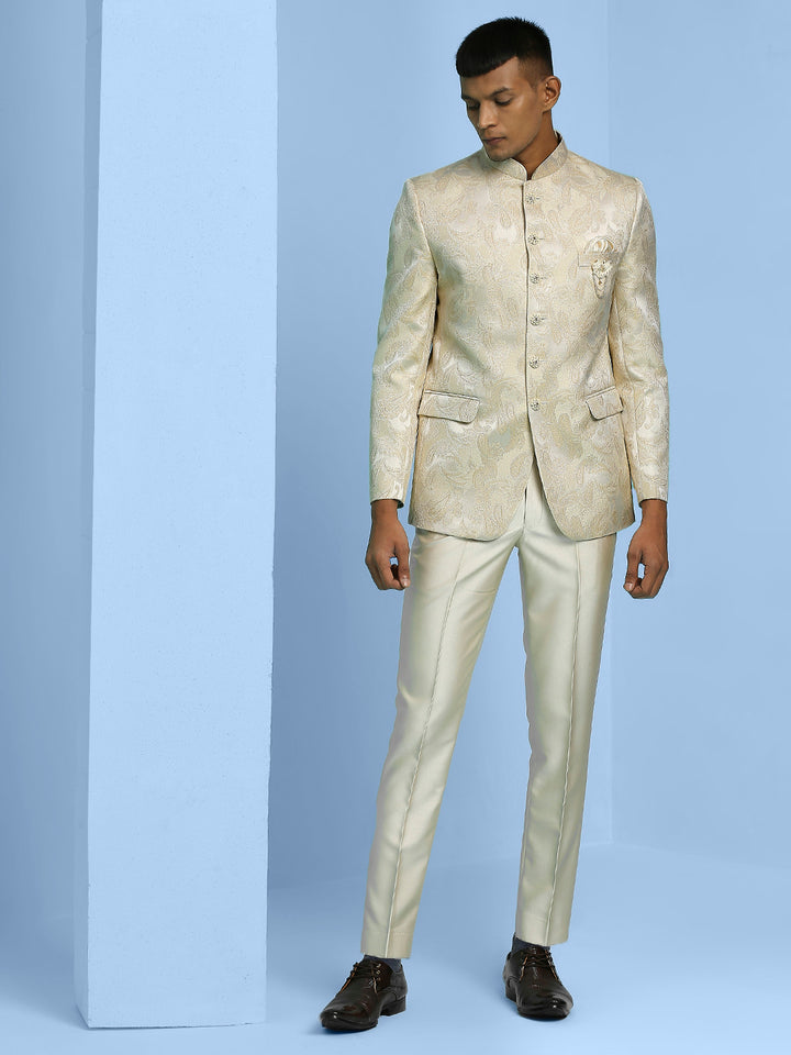 Cream Jodhpuri Suit with Pattern Jacquard