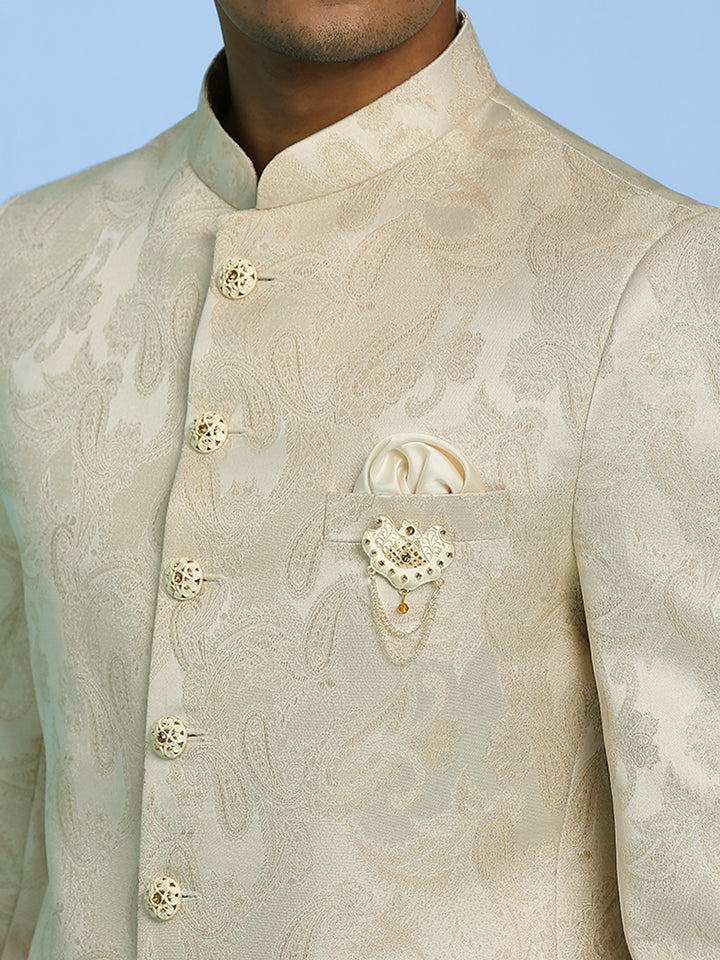 Cream Jodhpuri Suit with Pattern Jacquard