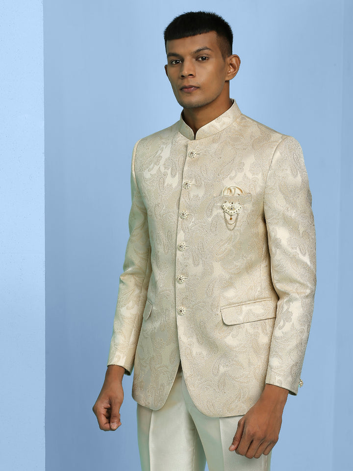 Cream Jodhpuri Suit with Pattern Jacquard