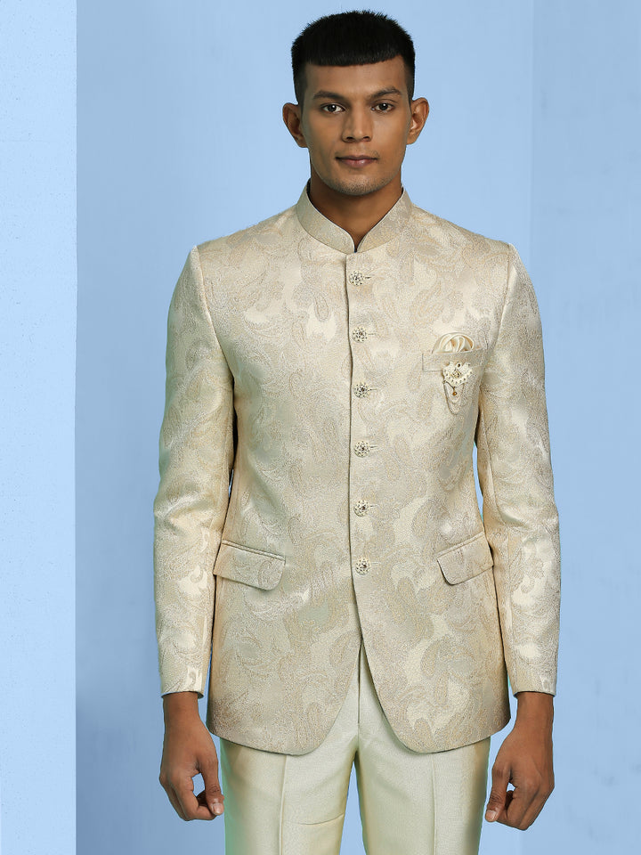 Cream Jodhpuri Suit with Pattern Jacquard