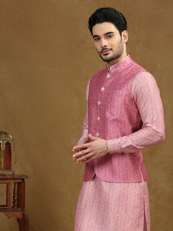 Ethnic Motif Print Kurta Set with Nehru Jacket