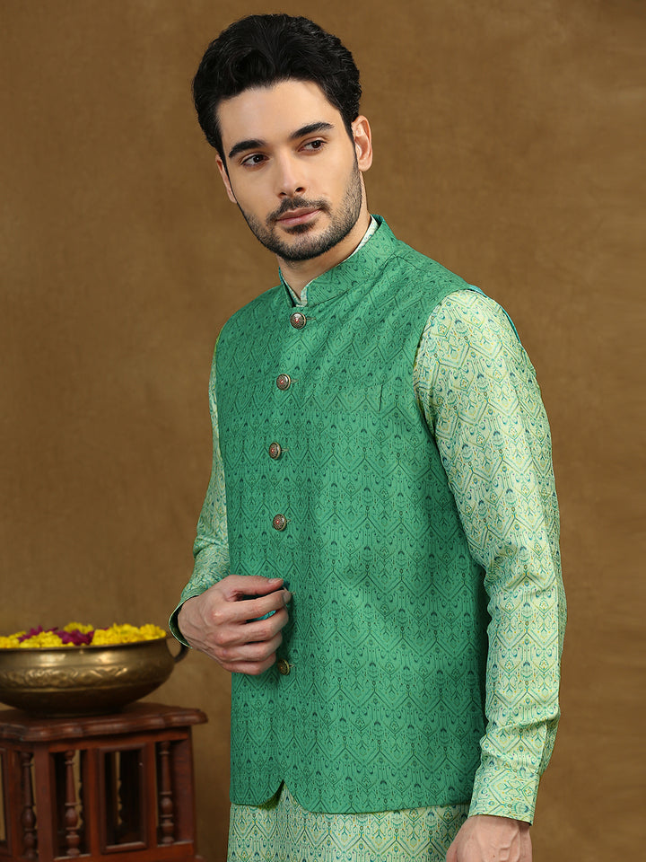 Ethnic Motif Print Kurta Set with Nehru Jacket