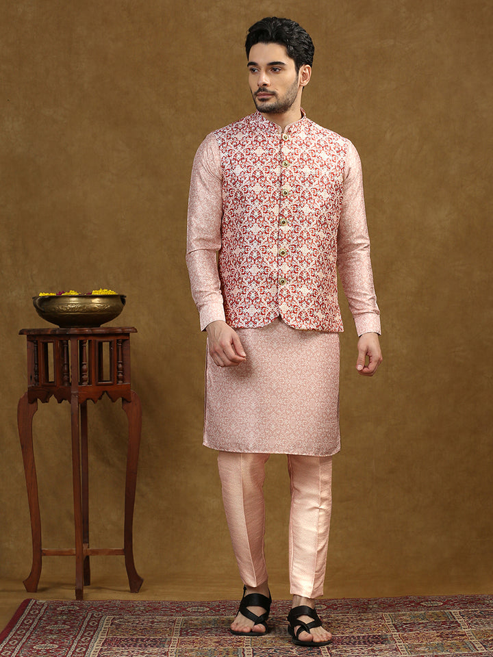 Damask Pattern Print Kurta Set with Nehru Jacket