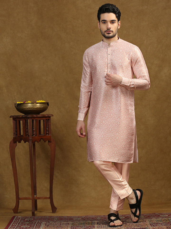 Damask Pattern Print Kurta Set with Nehru Jacket