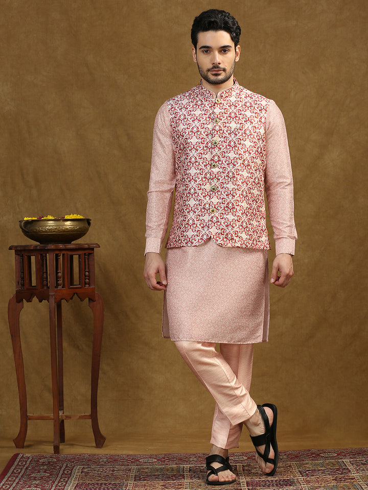 Damask Pattern Print Kurta Set with Nehru Jacket