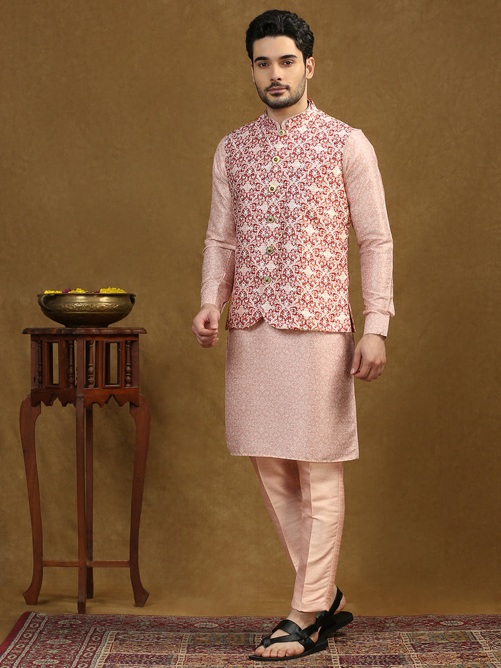 Damask Pattern Print Kurta Set with Nehru Jacket