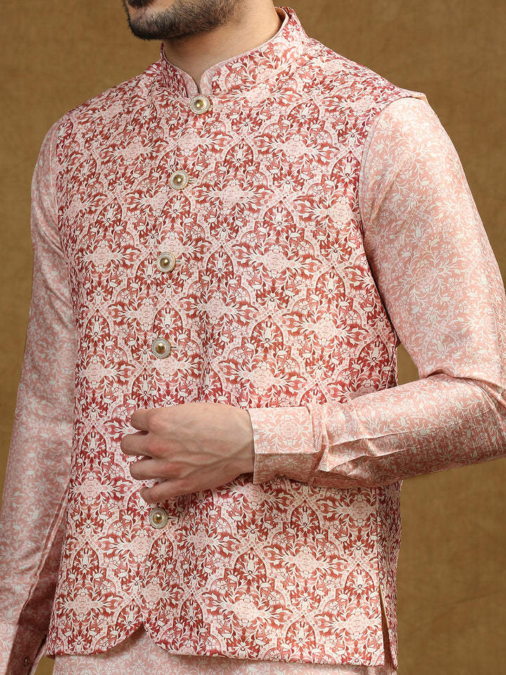 Damask Pattern Print Kurta Set with Nehru Jacket