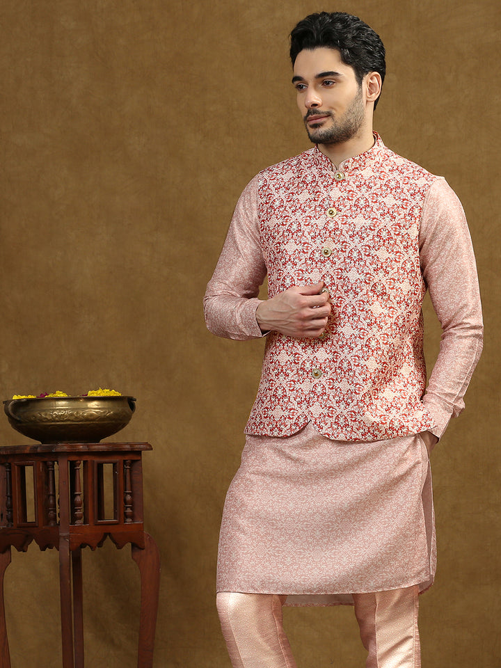 Damask Pattern Print Kurta Set with Nehru Jacket