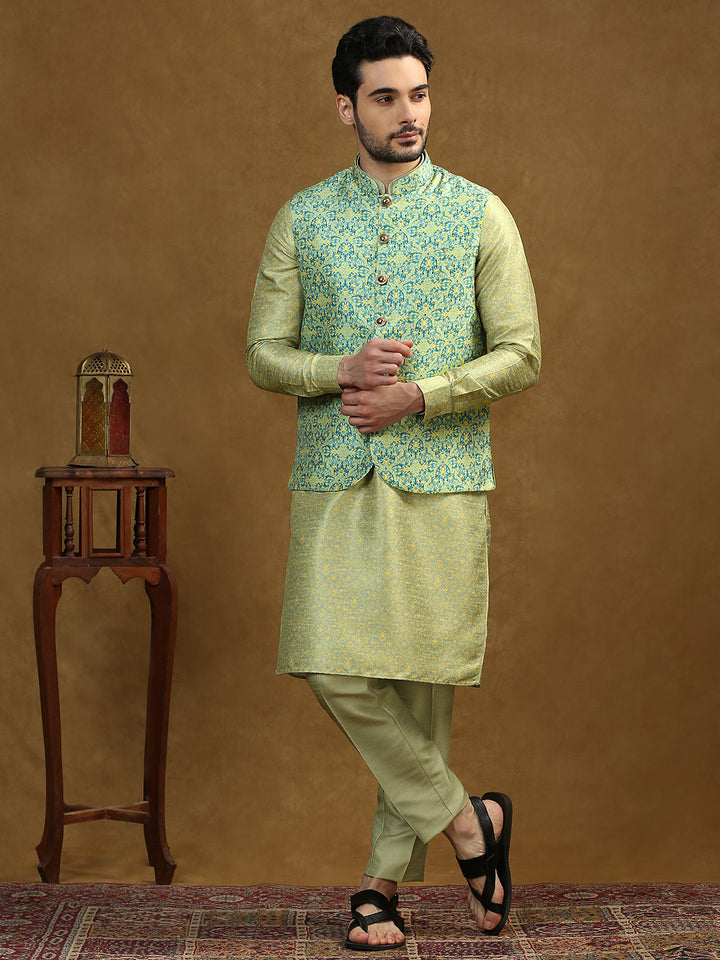 Damask Pattern Print Kurta Set with Nehru Jacket