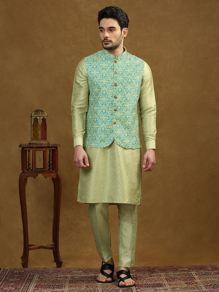 Damask Pattern Print Kurta Set with Nehru Jacket