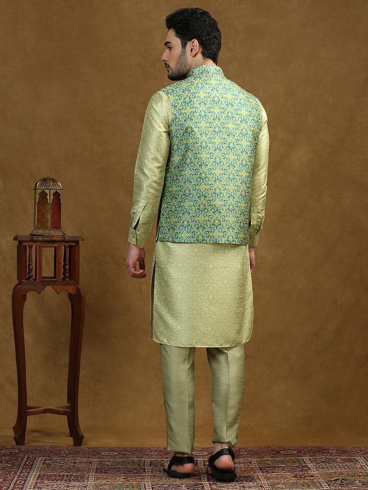 Damask Pattern Print Kurta Set with Nehru Jacket