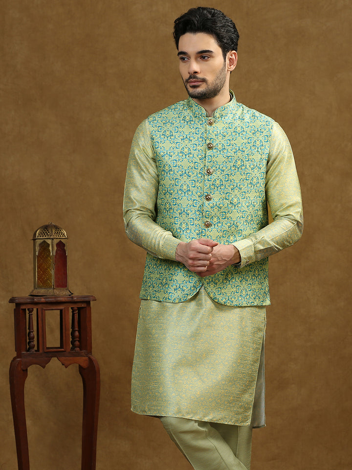 Damask Pattern Print Kurta Set with Nehru Jacket