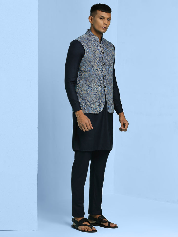 Kurta Set with Paisley Print Nehru Jacket