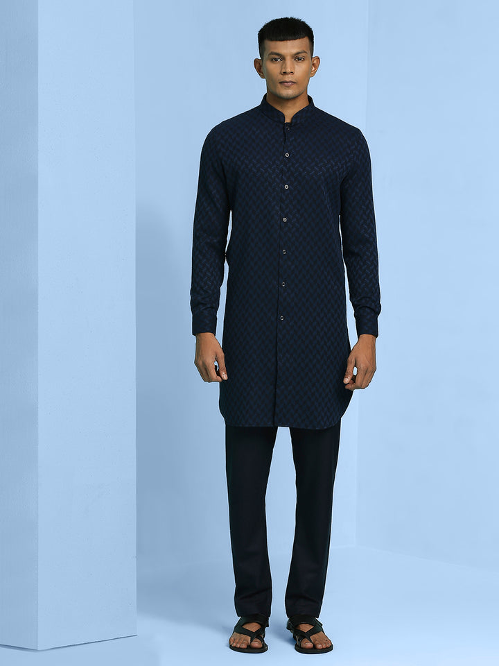 Front Open Cotton Kurta with self geometric design