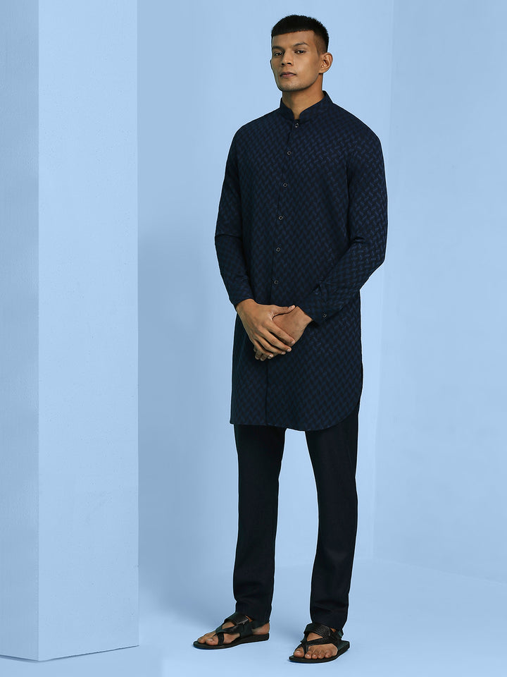 Front Open Cotton Kurta with self geometric design