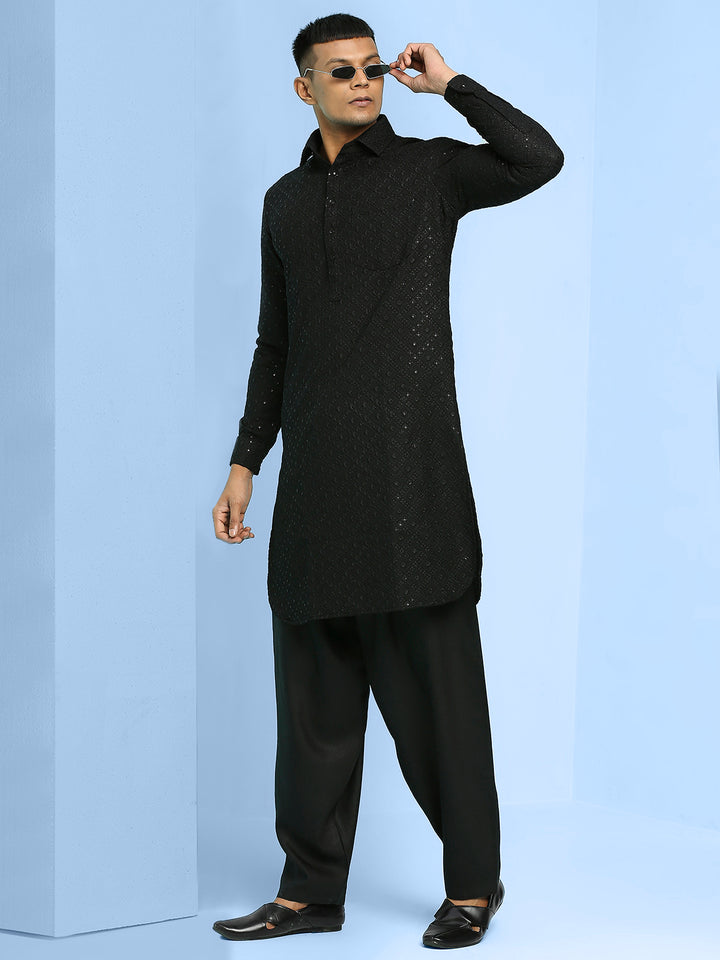 Chikankari Kurta with shirt style collar and cuff sleeves with Pyjama or Pathani Salwar