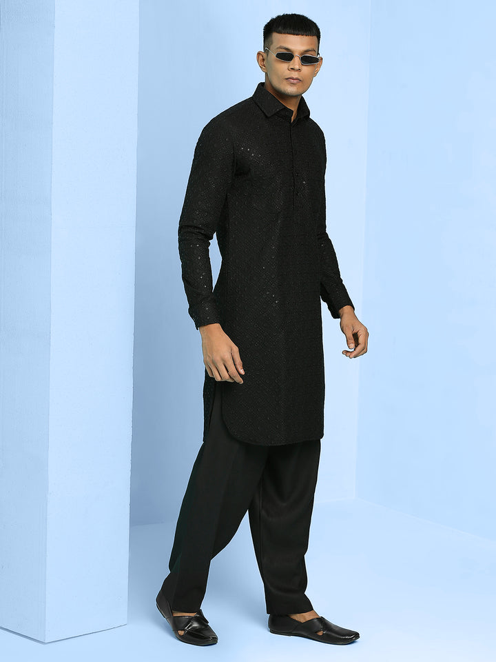 Chikankari Kurta with shirt style collar and cuff sleeves with Pyjama or Pathani Salwar
