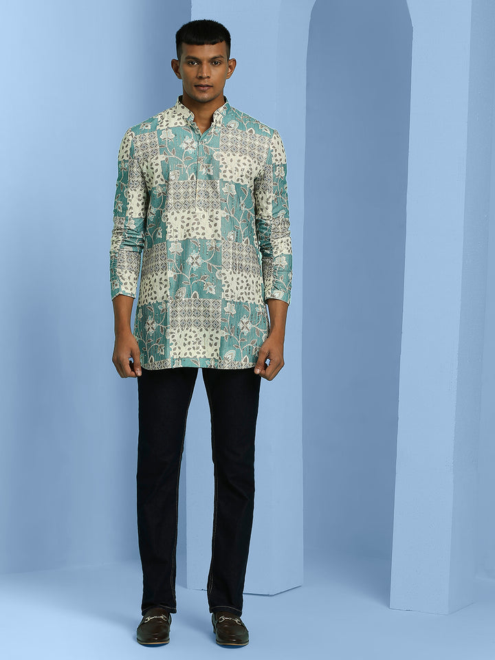 Short Kurta with Abstract Motif Print, Elasticated Roll Up Sleeves and Sequins Work