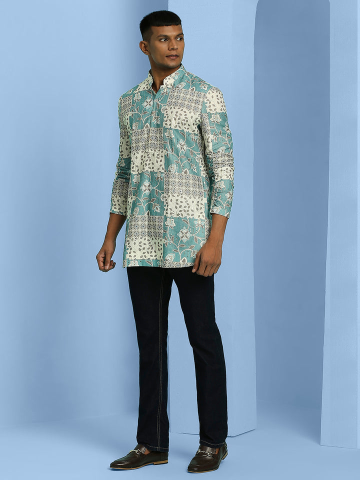 Short Kurta with Abstract Motif Print, Elasticated Roll Up Sleeves and Sequins Work