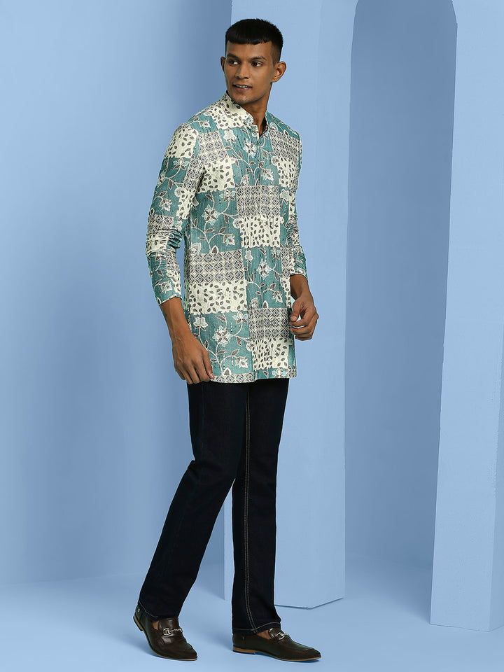 Short Kurta with Abstract Motif Print, Elasticated Roll Up Sleeves and Sequins Work