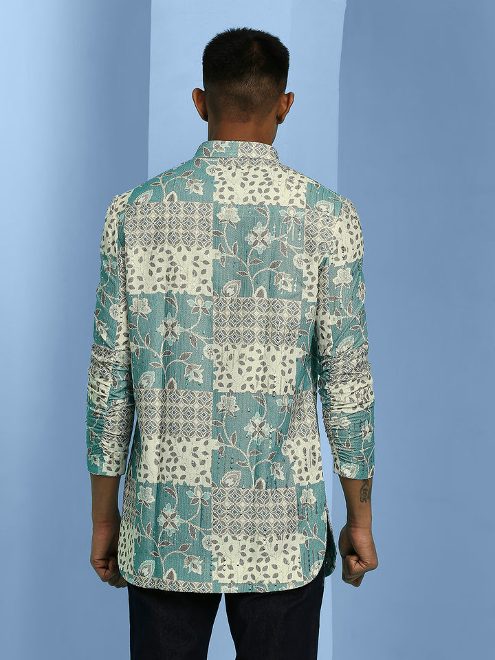 Short Kurta with Abstract Motif Print, Elasticated Roll Up Sleeves and Sequins Work