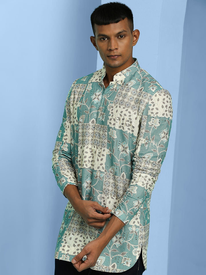 Short Kurta with Abstract Motif Print, Elasticated Roll Up Sleeves and Sequins Work